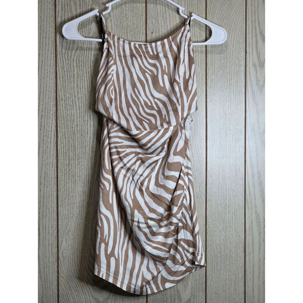 Forever 21 Tan Zebra Print Ruched Mini Dress Cowl Neck Tie Back Womens Medium